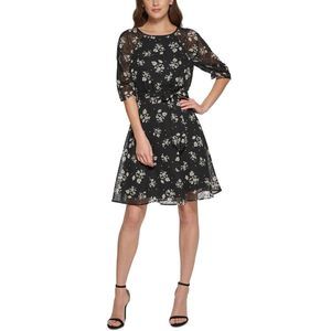 DKNY Womens Petites Floral Print Knee-Length Fit & Flare Dress Black 4P